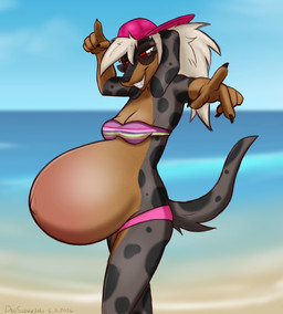 anthro backwards_baseball_cap backwards_hat baseball_cap beach belly belly_blush big_belly bikini bikini_bottom bikini_top black_nose blonde_hair blurred_background blush body_blush brown_body brown_fur clothing eyewear female fluffy fluffy_hair fur gesture glasses grey_body grey_fur grey_spots hair hand_gesture hat headgear headwear huge_belly humanoid_hands hyper hyper_belly hyper_pregnancy looking_at_viewer markings outside pink_baseball_cap pink_bikini_bottom pointing pointing_at_viewer pregnant pregnant_anthro pregnant_female red_sclera sand sea smile smiling_at_viewer solo spots spotted_body spotted_fur standing sunglasses swimwear tied_hair two-piece_swimsuit water wearing_glasses white_eyes dansharkman mythology pepper_(dansharkman) canid canid_demon canine canis dachshund demon domestic_dog hellhound hunting_dog hybrid mammal mythological_canine mythological_creature 2026 digital_drawing_(artwork) digital_media_(artwork) english_description hi_res