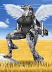 aircraft amber_eyes anthro big_breasts breasts camo clothing cloud fangs female huge_breasts leotard looking_at_viewer machine missile nipple_outline outside pose raised_leg smile solo teeth thick_thighs vehicle wings a_drunk_dragon aircraft_humanoid living_aircraft living_machine living_vehicle hi_res