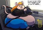 anthro barefoot belly big_belly black_clothing black_shirt black_topwear blonde_hair blue_bottomwear blue_clothing blue_pants bottomwear breaking_the_fourth_wall car clothed clothing dialogue driving feet female hair holding_object holding_steering_wheel inside_car inside_vehicle looking_at_viewer morbidly_obese morbidly_obese_anthro morbidly_obese_female navel obese obese_anthro obese_female overweight overweight_anthro overweight_female pants puffed_cheeks raised_tail seat seatbelt shirt sitting solo steering_wheel tail talking_to_viewer text topwear vehicle royaljellysandwich chip_'n_dale_rescue_rangers disney gadget_hackwrench mammal mouse murid murine rodent 2022 english_text hi_res