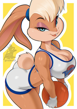 anthro ball basketball_(ball) basketball_uniform biped blonde_hair bottomwear breasts buckteeth butt cleavage clothed clothed_anthro clothed_female clothing countershade_torso countershading eyebrows eyelashes female female_anthro fingers fully_clothed fully_clothed_anthro fully_clothed_female fur gloves hair handwear holding_ball holding_object looking_at_viewer scut_tail short_tail smile solo sportswear tail teeth tongue toony topwear tune_squad_outfit tune_squad_outfit_(1996) uniform white_clothing white_gloves white_handwear pakwan008 looney_tunes space_jam warner_brothers lola_bunny lagomorph leporid mammal rabbit 2026 digital_drawing_(artwork) digital_media_(artwork)