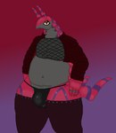 antennae_(anatomy) anthro bedroom_eyes belly bulge carapace clothed clothing crossdressing eyeshadow femboy fishnet_clothing fishnet_topwear jacket makeup male markings narrowed_eyes navel nipple_piercing nipples no_fur panties piercing red_carapace seductive simple_background slightly_chubby solo tail thick_thighs topwear underwear toridiaz nintendo pokemon arthropod generation_5_pokemon humanoid insect pokemon_(species) scolipede digital_media_(artwork) hi_res pixel_(artwork)