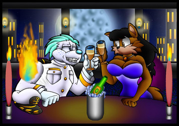 alcohol anthro beverage big_breasts black_hair bottle breasts brown_body brown_fur building candle champagne clothing container dress duo female fur furniture hair hat headgear headwear ice jewelry male moon necklace night table teal_hair teeth uniform white_body white_fur virus-20 june_coyote travis_seal aquatic canid canine canis coyote mammal pinniped seal 2010 digital_media_(artwork)