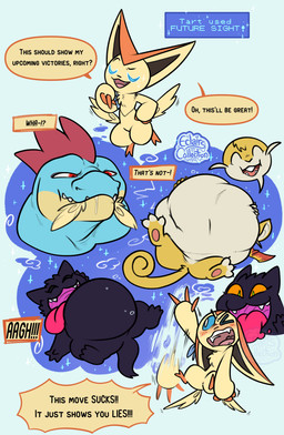 abdominal_bulge ambiguous_gender anthro blush blush_lines bodily_fluids butt_wings dialogue digestion drooling fangs feral glowing glowing_eyes group hand_on_belly imminent_vore lying on_back one_eye_closed open_mouth oral_vore pokemon_move saliva scarf semi-anthro soft_vore speech_bubble teeth text tongue tongue_out unusual_wing_placement vore waving_hand weight_gain wings eclairscollection nintendo pokemon tart_(some_nerd) thoshan feraligatr generation_1_pokemon generation_2_pokemon generation_5_pokemon gengar legendary_pokemon pokemon_(species) raticate victini comic english_text hi_res nonbinary_(lore)