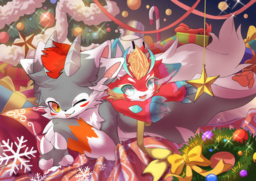 2_horns anthro big_eyes biped blue_body blue_fur cute_fangs duo fangs fur green_eyes grey_body grey_fur holidays horn kemono male one_eye_closed red_body red_fur slim_anthro slim_male teeth white_body white_fur yellow_eyes hlg7777 christmas mythology dragon furred_dragon furred_scalie mythological_creature mythological_scalie scalie 2019 absurd_res hi_res