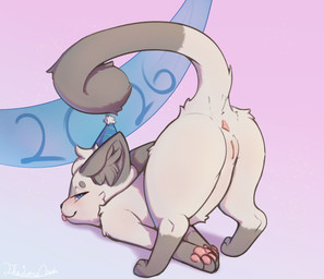 anus banner blue_clothing blue_eyes blue_hat blue_headwear butt chest_down_ass_up circle_eyebrows clothing eyebrows female feral fur genitals hat head_tuft headgear headwear holidays looking_at_viewer looking_back looking_back_at_viewer party_hat pawpads paws pink_anus pink_pawpads pink_vulva presenting rear_view simple_background smile smirk solo tan_body tan_fur tongue tongue_out tuft vulva thelonearch new_year lia_(thelonearch) domestic_cat felid feline felis mammal absurd_res hi_res