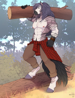 anthro black_tail blue_eyes bottomwear brown_body brown_bottomwear brown_clothing brown_pants clothed clothing day grass grey_hair hair log looking_at_viewer male male_anthro mouth_closed muscular muscular_anthro muscular_male narrowed_eyes nipples outside pants plant red_nipples shrub sky solo standing striped_arms striped_legs tail topless tree white_body wood apple-faced jua_(jrbn1) equid equine horse mammal absurd_res hi_res
