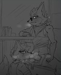 anthro bodily_fluids clothing duo eyewear fellatio genitals kerchief male male/male oral penile saliva scar sex sunglasses sweat sweatdrop under_table under_table_oral skshadowknight nintendo star_fox fox_mccloud wolf_o'donnell canid canine canis fox humanoid mammal wolf hi_res