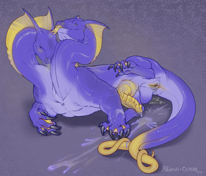 2_heads black_claws bodily_fluids claws erection feral genital_fluids genitals intersex maleherm multi_head pawpads penis purple_body purple_scales scales solo tongue tongue_out vaginal_fluids yellow_pawpads yellow_penis yellow_tongue aliena-cordis mythology dragon mythological_creature mythological_scalie scalie hi_res