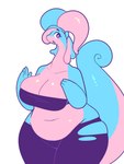 4_fingers antennae_(anatomy) anthro anthrofied bandeau belly big_breasts blue_body bottomwear breasts cleavage clothed clothing curled_tail deep_navel eyelashes female fingers goo_hair hair huge_breasts long_neck looking_aside multicolored_body navel non-mammal_breasts overweight overweight_anthro overweight_female pants pink_body pseudo_hair purple_eyes solo standing tail thick_tail thick_thighs topwear torn_clothing two_tone_body wide_hips conditional_dnp welwraith mythology nintendo pokemon fan_character glamor_(glimglam) ditto_(pokemon) dragon generation_1_pokemon generation_6_pokemon goo_creature goodra mythological_creature mythological_scalie pokemon_(species) scalie 2021 hi_res portrait three-quarter_portrait