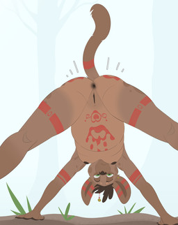 all_fours andromorph anthro anus belly bite biting_lip black_anus black_nipples black_vulva bodypaint brown_body brown_fur brown_hair brown_spots butt day ear_piercing ear_ring fur genitals hair intersex looking_back_at_self markings nipples nude outside piercing plant plantigrade pregnant pregnant_anthro pregnant_intersex presenting presenting_hindquarters ring_piercing solo spots spotted_body spotted_fur tan_body tan_fur tribal vulva bolt_carrier amari_(bolt_carrier) african_civet civet hybrid hyena mammal spotted_hyena viverrid digital_drawing_(artwork) digital_media_(artwork) hi_res