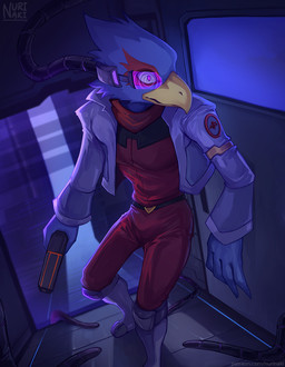 anthro armlet beak biped blue_body blue_feathers boots bottomwear cheek_tuft clothed clothed_anthro clothed_male clothing detailed_background facial_tuft feather_hands feathers footwear gun holding_gun holding_object holding_ranged_weapon holding_weapon hypnosis jacket male male_anthro mind_control multicolored_body multicolored_feathers open_clothing open_jacket open_topwear pants purple_eyes ranged_weapon red_body red_bottomwear red_clothing red_feathers red_pants red_shirt red_topwear shirt shoes solo tentacles text topwear tuft two_tone_body two_tone_feathers weapon yellow_beak nurinaki nintendo star_fox falco_lombardi avian bird 2025 artist_name digital_media_(artwork) digital_painting_(artwork) hi_res painting_(artwork) url