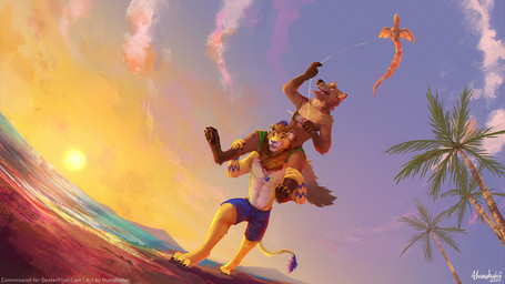 abs anthro blue_bottomwear blue_clothing blue_shorts bottomwear carrying_another clothed clothed_anthro clothed_male clothing day detailed_background duo green_bottomwear green_clothing green_shorts jewelry kite male necklace outside palm_tree piggyback plant seaside shorts shorts_only sky smile sun topless tree thanshuhai dexterlion vincent_atrata felid gulonine lion mammal marten mustelid musteline pantherine pine_marten 16:9 2020 digital_media_(artwork) digital_painting_(artwork) painting_(artwork) widescreen