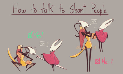accessory anthro black_arms black_feet black_hands black_legs bracelet cloak cloak_only clothing crouching duo ellipsis eye_contact feet female holding_partner hornet's_needle jewelry larger_female looking_at_another paper size_difference smaller_female speech_bubble text weapon batsnake_113 hollow_knight:_silksong hollow_knight_(franchise) how_to_talk_to_short_people team_cherry hornet_(hollow_knight) shakra_(hollow_knight:_silksong) arthropod insect absurd_res english_text hi_res meme