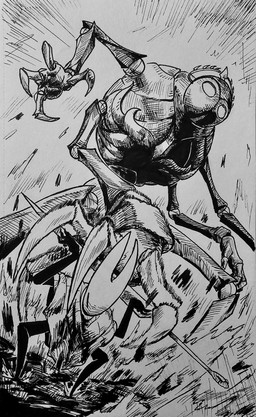 2_horns 4_arms ambiguous_gender attack battle biped black_arms black_legs claws cloak clothing duo horn larger_ambiguous machine motion_lines multi_arm multi_limb pose size_difference smaller_ambiguous standing sharpski hollow_knight:_silksong hollow_knight_(franchise) inktober team_cherry fourth_chorus hornet_(hollow_knight) arthropod robot 2025 absurd_res hi_res monochrome female_(lore)