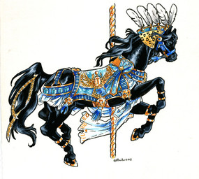 amusement_ride animal_genitalia barely_visible_genitalia barely_visible_sheath black_body black_fur black_hair blue_eyes bridle carousel decorative_scarab feathers feral fur genitals hair male pole reins saddle sheath simple_background solo tassels white_background white_body white_feathers heather_bruton equid equine horse mammal 2018
