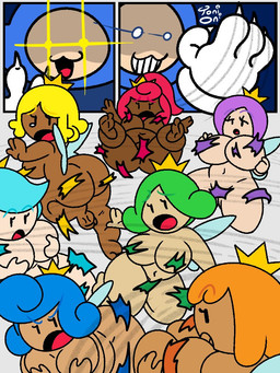 angry barefoot big_breasts big_butt blonde_hair blue_hair bodily_fluids breasts butt cat_smile clothing convenient_censorship covering covering_self crown dark_body dark_skin eyelashes feet female fungus glistening glistening_eyes green_hair group hair half-closed_eyes headgear light-skinned_female light-skinned_male male motion_lines nails narrowed_eyes navel nude orange_hair ponytail purple_hair rear_view red_hair shocked short_hair simple_background tan_body tan_skin tears thick_thighs toes torn_clothing wings toni_oni mario_bros nintendo sprixie_princess toad_(character) elemental_creature fairy fungi_fauna humanoid sprixie toad_(mario) 3:4 signature