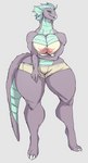 anthro big_breasts biped bottomwear breasts cleavage clothed clothing female grey_background huge_hips huge_thighs shorts simple_background solo tail thick_thighs wide_hips audunor mythology dragon mythological_creature mythological_scalie scalie 2019 digital_media_(artwork)