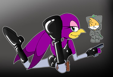 anthro beak biped black_boots black_clothing black_footwear black_gloves black_handwear black_leotard black_nose boots breasts butt clothed clothing costume countershade_face countershading dinosaur_costume duo feathers female fingerless_gloves fingers_together footwear gloves green_eyes gun halloween_costume handwear head_tuft holding_gun holding_object holding_ranged_weapon holding_weapon holidays leotard looking_at_another looking_at_viewer looking_back looking_back_at_viewer lying male medium_breasts mouth_closed on_front purple_body raised_leg ranged_weapon shoes simple_background suggestive tail tail_feathers tuft weapon white_body white_countershading yellow_beak yellow_body jumpjump halloween sega sonic_riders sonic_the_hedgehog_(series) miles_prower wave_the_swallow avian bird canid canine fox hirundinid mammal oscine passerine swallow_(bird) 2025 hi_res