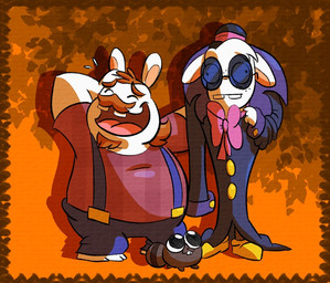 3_toes 4_fingers ambiguous_feral ambiguous_gender anthro bent_arm big_eyes black_clothing black_eyewear black_hat black_headwear black_sunglasses blue_bottomwear blue_clothing blue_pants blue_trenchcoat bodily_fluids border bottomwear bow_tie bowler_hat brown_body brown_border brown_eyebrows brown_facial_hair brown_fur brown_goatee brown_hair brown_mustache buckteeth button_(fastener) clothed clothed_anthro clothed_male clothing derp_eyes eyebrows eyes_closed eyewear facial_hair feet feral fingers footwear freckled_face freckles fully_clothed fully_clothed_anthro fully_clothed_male fur goatee group hair hand_on_own_head hat headgear headwear larger_anthro larger_male light long_ears looking_at_another male medium_hair mustache noseless orange_back overweight overweight_anthro overweight_male pants pink_bow_tie pink_tongue red_clothing red_shirt red_t-shirt red_topwear shirt shoes simple_background size_difference smaller_ambiguous smaller_anthro smaller_feral smaller_male smile smiling_at_another sunglasses suspenders sweat t-shirt tan_inner_ear teeth toes tongue topwear trio white_body white_fur yellow_clothing yellow_footwear yellow_shoes randomrabbidramblings mario_plus_rabbids_sparks_of_hope nintendo raving_rabbids rayman_(series) ubisoft beaver_(mario_plus_rabbids) sweetlopek t.s._woodrow beaver lagomorph mammal rabbid rodent 2023 colored digital_drawing_(artwork) digital_media_(artwork) english_description lighting shaded