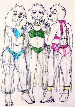 anklet anthro belly_dancer black_sclera clothing fangs group harem_outfit jewelry looking_at_viewer male red_eyes teeth translucent translucent_clothing yellow_eyes bredlaybagordh undertale undertale_(series) asriel_dreemurr bredlay boss_monster_(undertale) bovid canid canine canis caprine domestic_dog mammal vampire hi_res