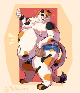 3_toes 5_fingers anthro belly belly_overhang big_belly black_eyebrows blue_eyes bodily_fluids brown_eyes bulge clothed clothing dipstick_tail eyebrows feet fingers fur hair heterochromia holding_object inner_ear_fluff male markings moobs neck_tuft nipples obese obese_anthro obese_male open_mouth orange_hair overweight overweight_anthro overweight_male paper_bag pink_nipples pink_nose pink_tongue sharp_teeth solo stuck sweat tail tail_markings tan_claws teeth toes tongue tuft underwear whiskers white_body white_fur white_inner_ear_fluff mochi_cream38 calico_cat domestic_cat felid feline felis mammal absurd_res hi_res shaded