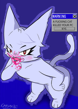 ambiguous_gender anthro blood blue_background bodily_fluids butt fangs fur paws profanity simple_background smug smug_face solo tail teeth text thick_thighs white_body kirathelost femtanyl token_(femtanyl) felid feline mammal absurd_res english_text hi_res