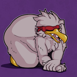 anthro beak big_butt blindfold breasts butt cheek_tuft chest_tuft eyebrows facial_tuft feather_hair feathers female huge_butt kneeling leaning leaning_forward open_beak open_mouth pseudo_hair sharp_teeth small_breasts solo tan_body tan_feathers teeth thick_eyebrows tongue tuft wide_hips sludgecentric chicken_(nuclear_throne) avian bird chicken galliform phasianid 1:1