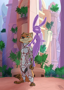 anthro armor barefoot body_armor city cityscape claws clothed clothing detailed_background dipstick_ears duo ear_markings feet female flying green_eyes hand_on_shoulder light light_beam male multicolored_ears navel nude outside plant smile standing sunbeam sunlight toe_claws tree ittybittykittytittys disney zootopia judy_hopps nick_wilde canid canine fox ghost lagomorph leporid mammal rabbit red_fox spirit true_fox 2018 hi_res signature