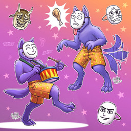 anthro bottomwear claws clothing drum male mask musical_instrument percussion_instrument shorts smile solo tail tail_motion tailwag tongue tongue_out gabbygerbs popee_the_performer kedamono_(popee_the_performer) canid canine mammal 1:1