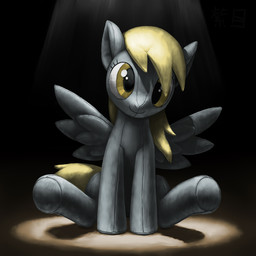 blonde_hair dark derp_eyes eyelashes feathered_wings feathers female feral hair plushie shadow sitting smile solo spotlight text wings yellow_eyes murskme friendship_is_magic hasbro my_little_pony mythology derpy_hooves_(mlp) equid equine inanimate_object mammal mythological_creature mythological_equine pegasus 1:1 2015 full-length_portrait hi_res japanese_text portrait signature