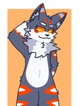 anthro facial_tuft fur grey_body grey_fur kemono looking_at_viewer male mischievous neck_tuft orange_body orange_eyes orange_fur pupils raised_arm smile solo standing teeth tuft white_body white_eyes white_fur white_pupils turix canid canine canis mammal wolf absurd_res hi_res