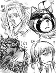 anthro embarrassed female group male mane shocked kinaisan22511 lifewonders live_a_hero female_operator flamier_(live_a_hero) protagonist_(live_a_hero) shoen toshu canid canine felid human lion mammal pantherine raccoon_dog tanuki headshot_portrait monochrome portrait