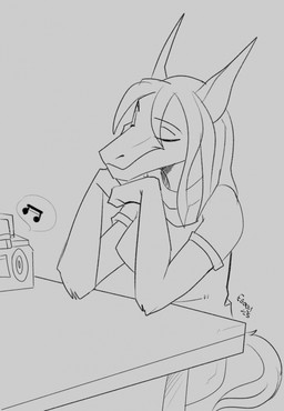 anthro clothed clothing electronics eyes_closed female fur furniture hair listening_to_music long_ears long_hair music musical_note musical_symbol radio shirt simple_background solo symbol tail topwear conditional_dnp ebonychimera tavi_(maaarked_one) furred_scalie hilachev scalie digital_media_(artwork) hi_res monochrome signature sketch