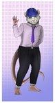 anthro armor belt border bottomwear clothing gesture hard_hat headgear helmet looking_at_viewer male necktie pants shirt smile smiling_at_viewer solo topwear waving waving_at_viewer white_border lovemummification bob_hank mammal murid murine rat rodent absurd_res hi_res