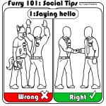 1:1 arms_above_head comic cuprohastes duo english_text furry_fandom furry_lifestyle gesture grandfathered_content hand_in_pants handshake human line_art male mammal meme social_tips text the_more_you_know