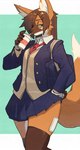 anthro beverage bottomwear brown_hair clothing drinking female formal_wear hair holding_beverage holding_object kemono legwear necktie simple_background skirt solo stockings quququl canid canine mammal maned_wolf absurd_res hi_res