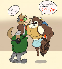 anthro big_bulge big_butt big_muscles big_pecs blush bulge butt clothed clothing duo ear_piercing ear_ring huge_bulge huge_butt huge_muscles huge_pecs hyper hyper_bulge hyper_butt hyper_muscles hyper_pecs jet_pack larger_sub male male/male muscular pecs piercing red_sclera ring_piercing shirt shortstack size_difference small_but_hung submissive tank_top text topwear white_sclera yaboivanillo guardians_of_the_galaxy marvel marvel_rivals nintendo star_fox fox_mccloud rocket_raccoon canid canine fox mammal procyonid raccoon english_text hi_res