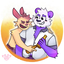 alcohol anthro antlers beer beer_bottle beverage blush bottle brown_hair chest_tuft clothed clothing container drunk duo ear_piercing eyes_closed fur hair hand_on_shoulder holding_object horn laugh male piercing purple_body purple_fur ring_piercing shirtless simple_background smile substance_intoxication tuft yellow_body yellow_fur pink_marky mike_(pink_marky) oliver_(pink_marky) bear giant_panda jackalope lagomorph mammal 1:1