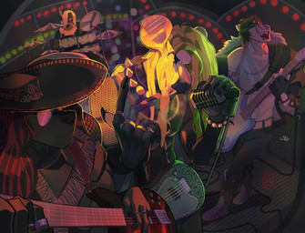 amplifier anthro bass_guitar belt boots bottomwear clothed clothing collar concert concert_stage crop_top drum ear_piercing electric_guitar electronics eyewear fangs footwear fur gold_(metal) gold_jewelry golden_fangs group guitar hair hair_over_eye harness hat headgear headwear inside jewelry latex latex_clothing leaning leaning_backward leaning_forward legwear lights long_hair looking_at_viewer male microphone musical_instrument necklace open_mouth orange_hair percussion_instrument piercing plucked_string_instrument ring sharp_teeth shirt shoes singing smile sombrero spiked_collar spikes stage string_instrument sunglasses tail teeth tight_clothing topwear stovenfang mythology ravios raxan_(xdarkspace) stoven_(xdarkspace) bat canid canid_demon canine canis demon hellhound kangaroo macropod mammal marsupial mythological_canine mythological_creature wolf absurd_res hi_res