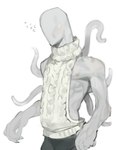 bodily_fluids bottomwear claws clothing featureless_face finger_claws flying_sweatdrops male nipples not_furry pecs simple_background solo sweat sweatdrop sweater tentacles topwear turtleneck virgin_killer_sweater white_body white_clothing white_skin kogito creepypasta meme_clothing slenderman humanoid tentacle_creature 2023 grey_theme hi_res light_theme meme