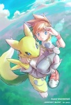 anthro blue_eyes clothed clothing duo female fur hair male midair raglan_shirt red_hair tail yellow_body yellow_fur young young_female young_human jeacn bandai_namco digimon rika_nonaka canid canine digimon_(species) human mammal renamon