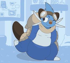 ambiguous_gender anthro band-aid band-aid_on_face band-aid_on_nose bandage bandage_on_face bandage_on_nose bedroom big_diaper blue_body blue_fur brown_ears brown_tail carpet clean_diaper clothed clothing cork_board detailed_background diaper diaper_under_clothing diaper_under_onesie eyewear eyewear_on_head fur goggles goggles_on_head grey_whiskers hand_in_pocket head_tuft inside on_one_leg one_eye_closed onesie orange_nose pillow pockets pokemon_onesie shelf smile solo standing tail tuft wearing_diaper whiskers alliwazoo innocentenough nintendo pokemon aqua_(innocentenough) dewott generation_5_pokemon pokemon_(species) samurott full-length_portrait hi_res portrait