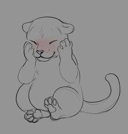 ambiguous_gender blush chibi closed_smile eyes_closed feral front_view mouth_closed pawpads simple_background smile solo roobin felid mammal full-length_portrait partially_colored portrait