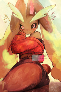 anthro big_butt black_clothing black_sclera blush bodily_fluids bottomwear brown_body brown_fur butt clothing crop_top embarrassed eyebrows female fluffy_ears flying_sweatdrops fur hotpants long_ears looking_at_viewer midriff multicolored_body multicolored_fur pink_nose pursed_lips rear_view red_clothing red_eyes scut_tail shirt short_tail shorts shoulderless_sweater side_view simple_background sitting sitting_on_ground solo sweat sweatdrop tail tan_body tan_fur thick_thighs topwear two_tone_body two_tone_fur yellow_background thwillartz nintendo pokemon generation_4_pokemon lopunny pokemon_(species) 2:3 hi_res portrait signature three-quarter_portrait