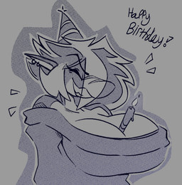 anthro between_breasts big_breasts birthday breasts candle cleavage clothed clothing ear_piercing eyes_closed female grey_background grin hair happy happy_birthday hat headgear headwear non-mammal_breasts off_shoulder party_hat piercing pointy_ears sharp_teeth short_hair simple_background smile solo sweater teeth text topwear cryptiacurves char_(nonarycubed) aquatic fish shark digital_drawing_(artwork) digital_media_(artwork) english_text greyscale monochrome