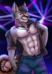 abs anthro black_hair bottomwear brown_eyes bulge clothed clothing denim denim_bottomwear denim_clothing fur grey_body grey_fur hair jeans jewelry male muscular muscular_anthro muscular_male necklace pants pecs shirt solo t-shirt topless topwear undressing toxi_de_vyne_(artist) jerrod_(tenpoundhammer) armadillo hybrid mammal rodent sciurid tree_squirrel xenarthran