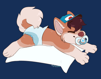 ambiguous_gender anthro clean_diaper clothed clothing daww diaper eyes_closed fur hair hat headgear headwear lying object_in_mouth on_front pacifier pacifier_in_mouth pawprint_print pillow solo topless wearing_diaper young young_ambiguous young_anthro cinnamin. kenjipup canid canine canis domestic_dog mammal alpha_channel