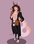 anthro big_tail clothed clothing crossdressing eyewear femboy glasses hair legwear nipples robe solo stockings tail mlt-1 the_crown_of_leaves ferka sahash absurd_res hi_res