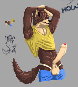anthro blue_bottomwear blue_clothing blue_pants bottomwear brown_body brown_fur clothing erection foreskin fur genitals hair hair_over_eyes humanoid_genitalia humanoid_penis long_penis male palette pants penis shirt solo topwear yellow_clothing yellow_shirt yellow_topwear moonringred mythology howler_(drakpack) canid canine canis mammal mythological_canine mythological_creature werecanid werecanine werecreature werewolf wolf digital_drawing_(artwork) digital_media_(artwork) drawpile_(artwork)