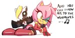 anthro boots breasts cape choker cleavage clothed clothing duo electronics eyeshadow female footwear gloves handwear jewelry legwear leotard lying makeup mask microphone necklace one_eye_closed shoes singing thigh_highs bananagaari idw_publishing sega sonic_the_hedgehog_(comics) sonic_the_hedgehog_(idw) sonic_the_hedgehog_(series) amy_rose whisper_the_wolf canid canine canis eulipotyphlan hedgehog mammal wolf